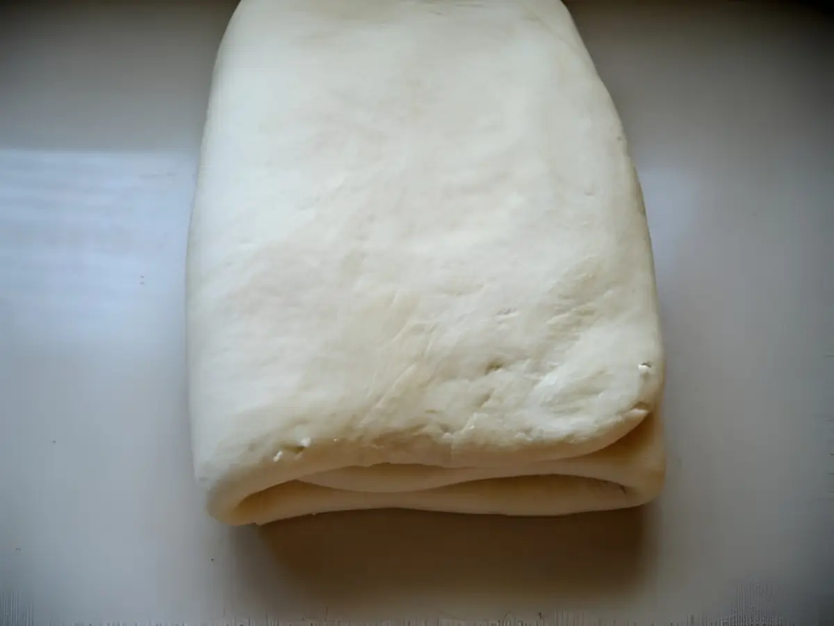 Folded croissant dough showing the layers after completing a single turn.