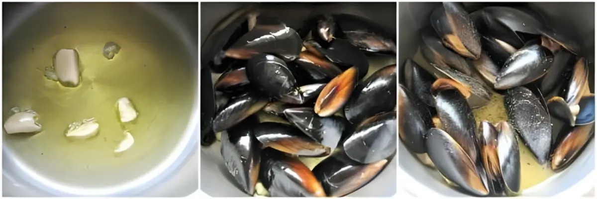 Garlic cloves sizzling in olive oil before adding mussels for Impepata di Cozze.