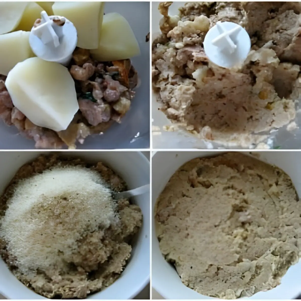 Collage showing potatoes, sausage, and porcini blended for the filling.