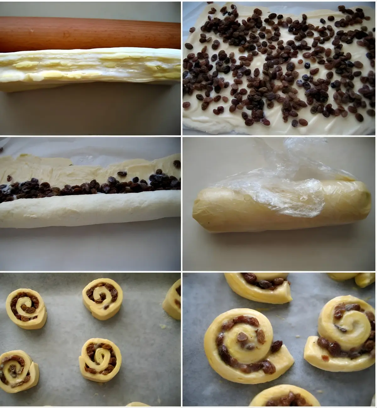 Dough spread with pastry cream and raisins, rolled, wrapped, sliced, and arranged on trays.