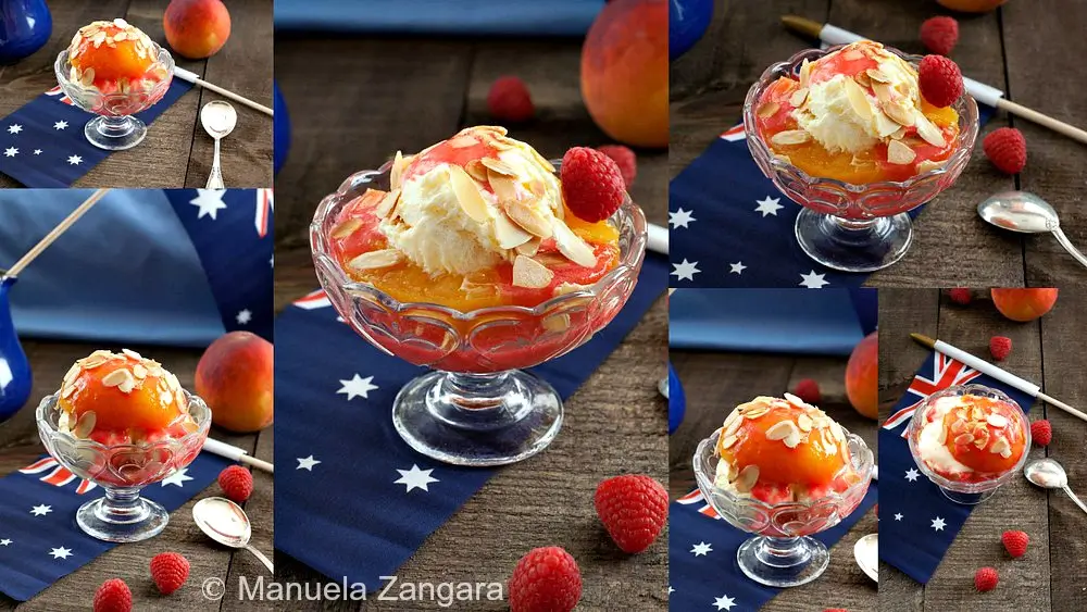 A collage of Peach Melba served in glass bowls with vanilla ice cream, raspberry coulis, and toasted almonds.