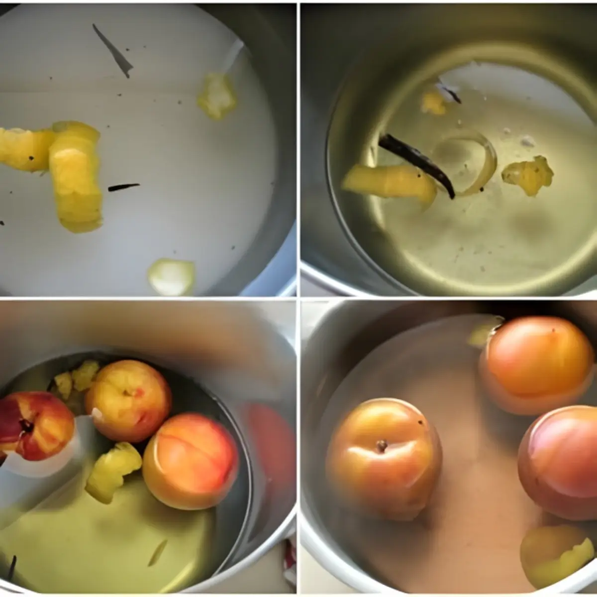 Peaches simmering in lemon and vanilla syrup while poaching for Peach Melba.