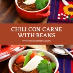 Chili con Carne with Beans served in a red pot with fresh toppings on a wooden board.