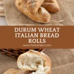 Freshly baked Italian bread rolls arranged on burlap beside a basket.