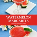 Chilled margarita served in a sugar-rimmed glass with a watermelon slice garnish.