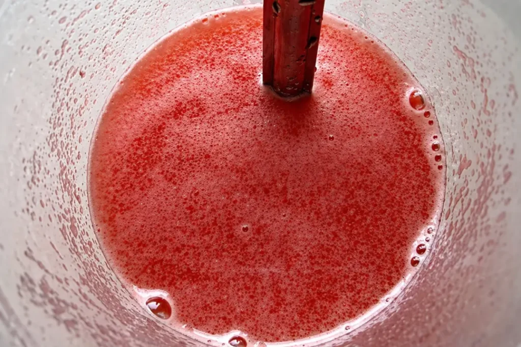 Fresh watermelon being blended into juice with a smooth, pulpy texture.