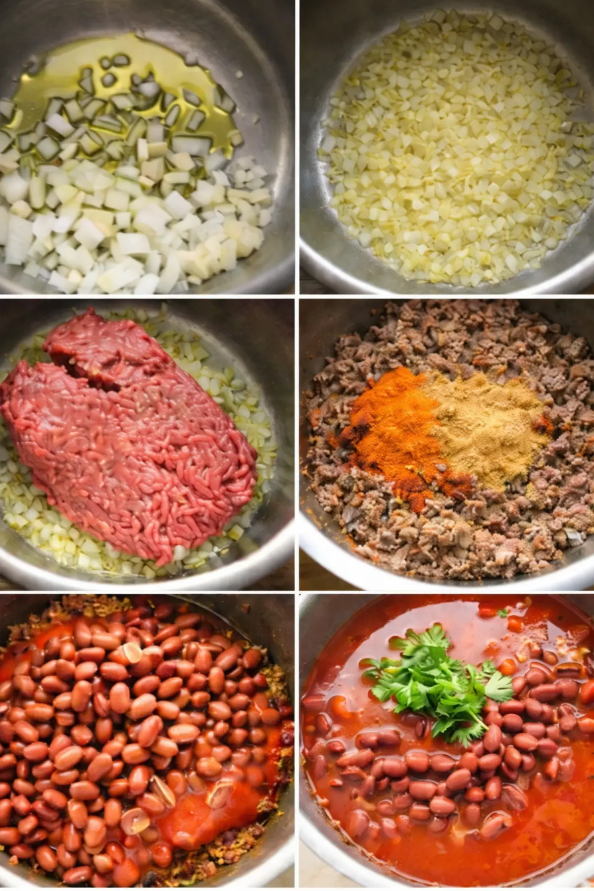 Chili con Carne cooking process showing onion, beef, spices, and beans in stages.