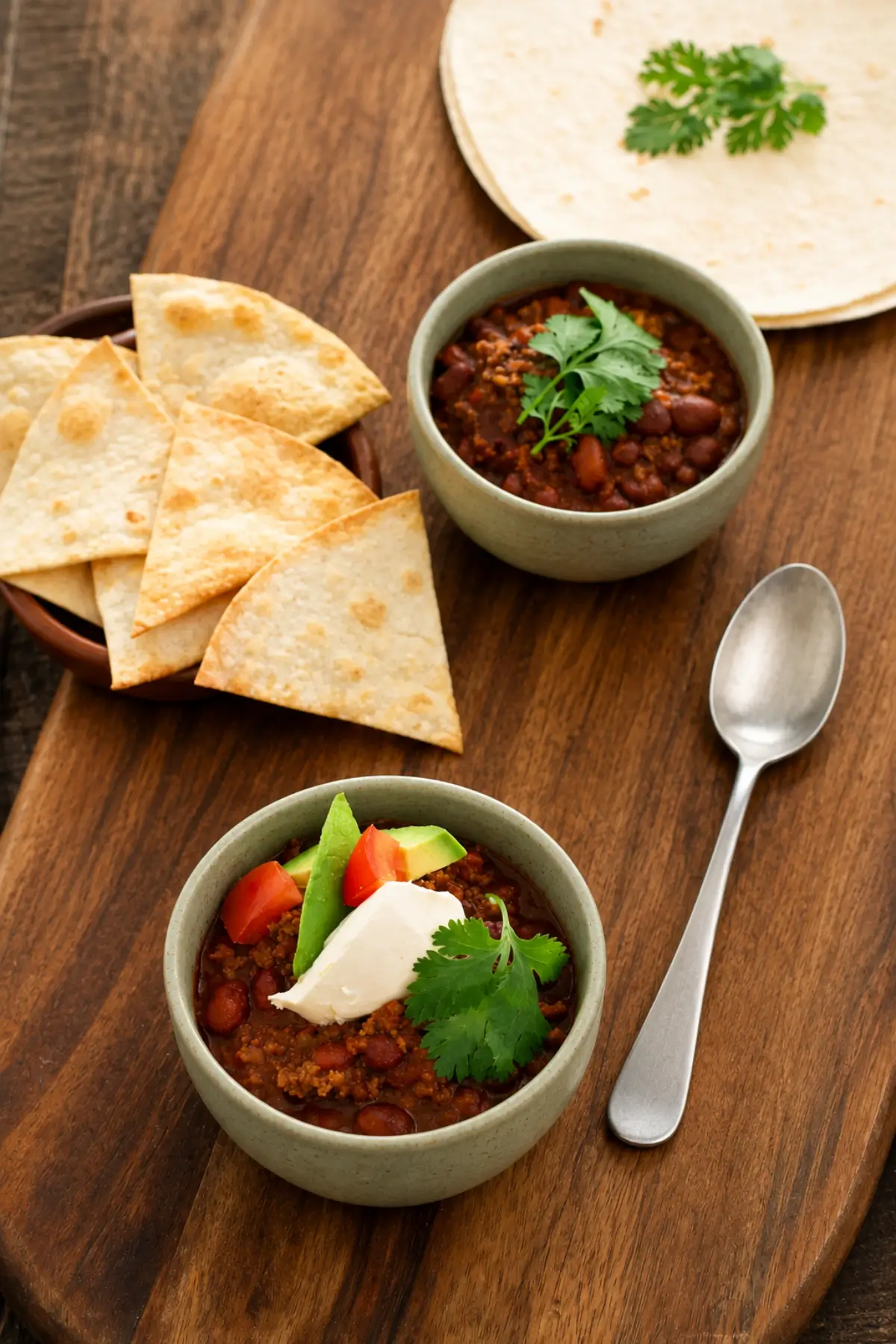 Chili con Carne with Beans topped with avocado, tomato, sour cream and coriander, served alongside crisp tortilla chips.