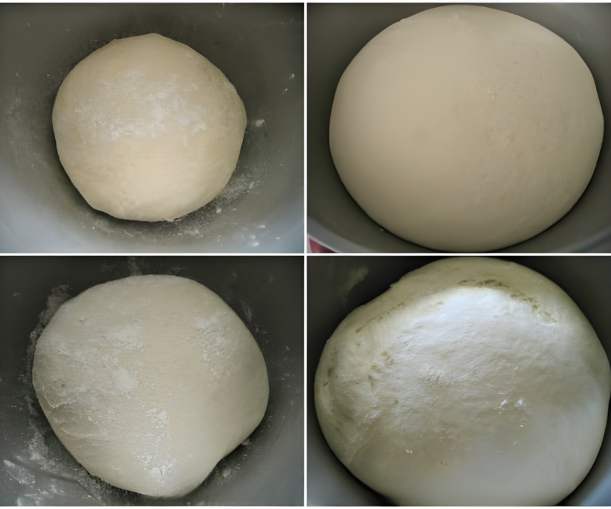 Dough ball shown before and after rising inside the mixing bowl.