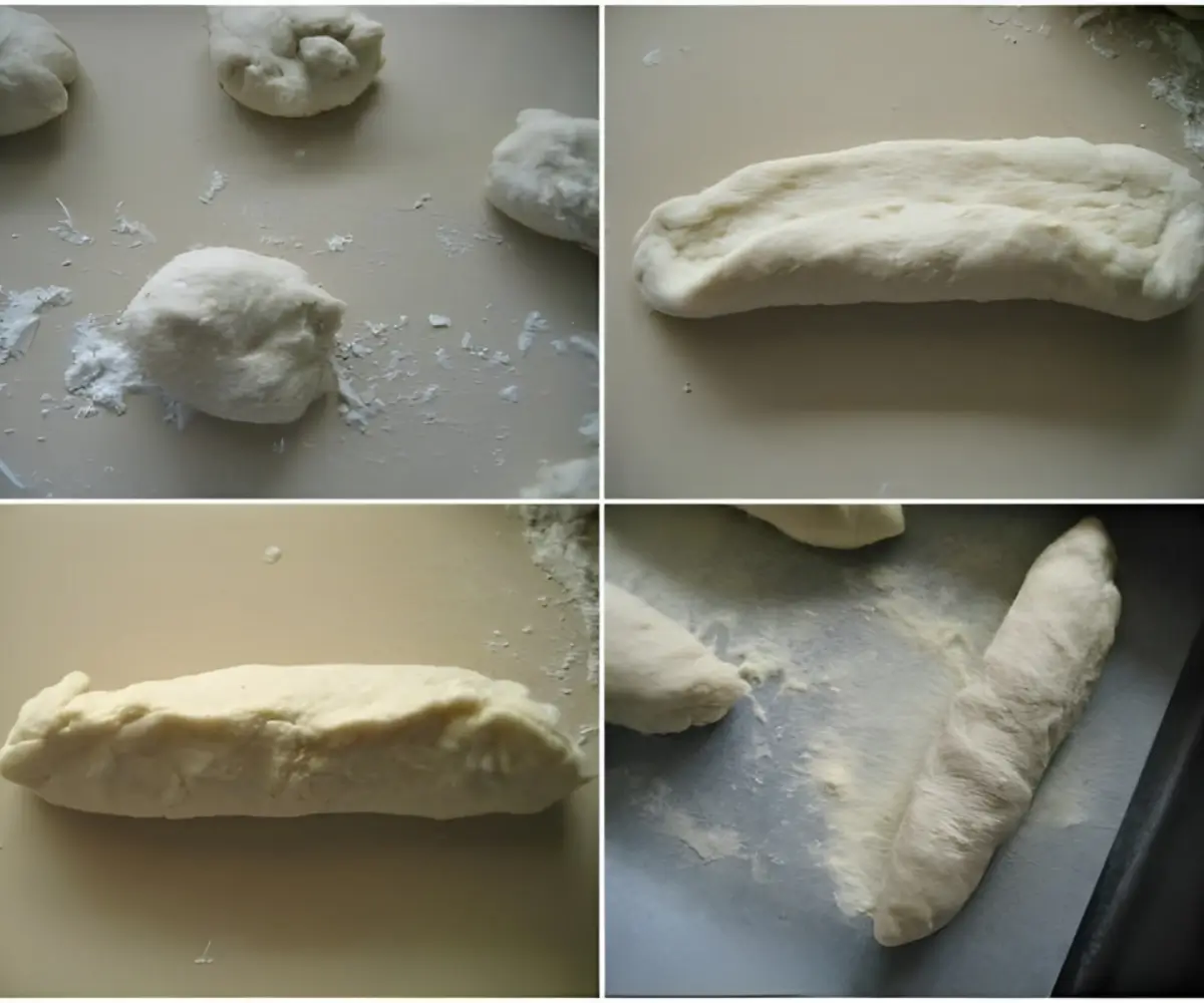 Collage showing dough shaping steps from portioning to forming each roll.