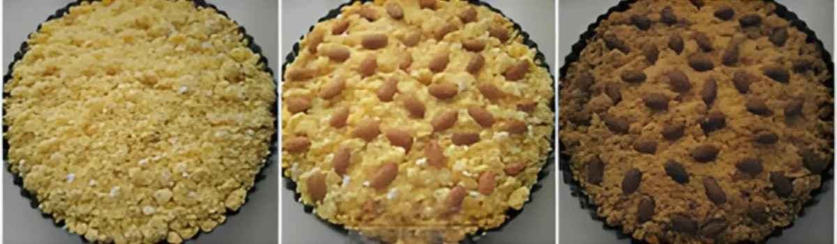 Three images showing Sbrisolona before baking, after topping with almonds, and fully baked.