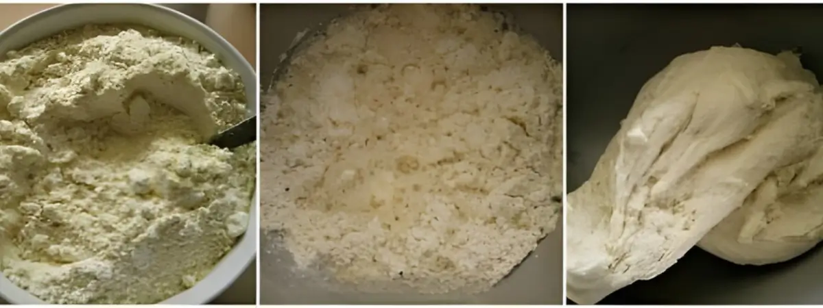 Collage showing flours mixed together, yeast added, and dough forming in the mixer.