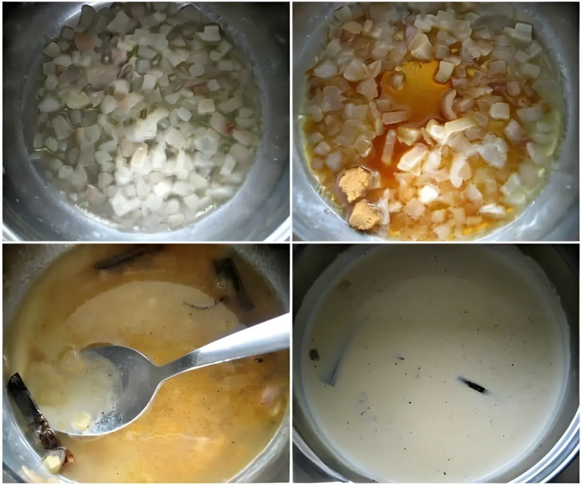 Cooking process collage showing shallots softening, liquids added, and sauce thickening in the pot.