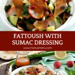 A fresh bowl of Fattoush salad with crispy khubz, cucumbers, radishes, pomegranate, and sumac dressing.