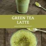 Green Tea Latte in a clear glass with creamy foam and matcha sprinkled on top.