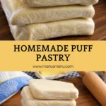 Wrapped puff pastry portions stacked on a wooden board beside butter and a rolling pin.