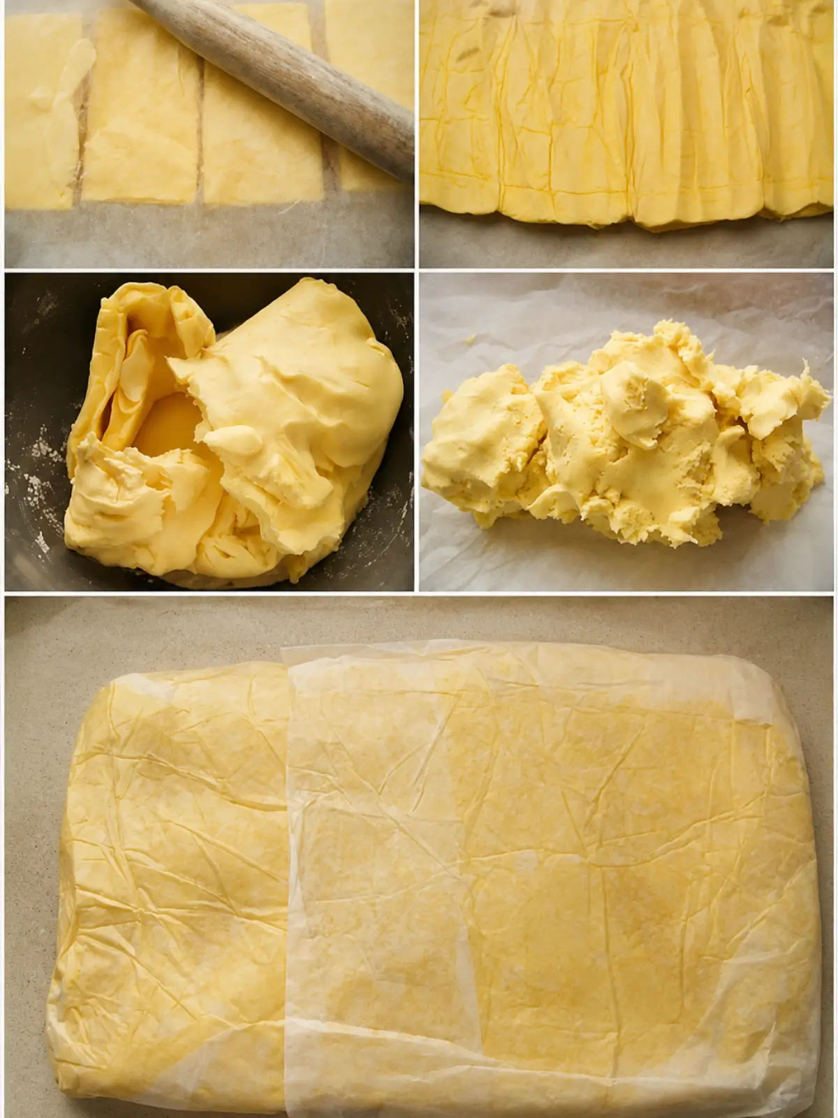 Butter mixture, flattened butter sheets, and a wrapped butter block resting between sheets of baking paper.