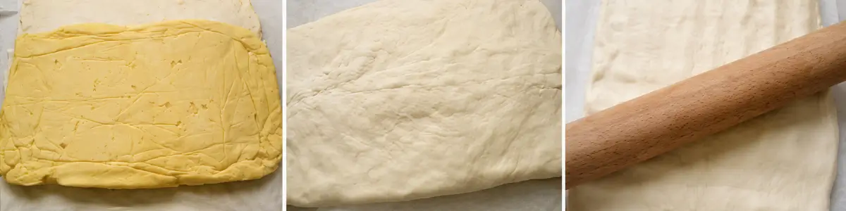 Butter block positioned on pastry dough, dough folded around the butter, and laminated dough being rolled into a large rectangle.