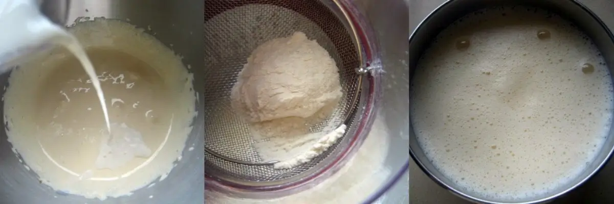 Three-step collage showing milk being added to the egg mixture, flour being sifted in, and the smooth crema pasticcera base before cooking.