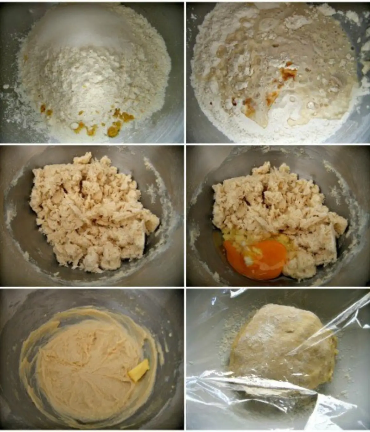Six-panel collage showing mixing stages: dry ingredients, liquid added, eggs incorporated, butter mixed in, and the dough formed.
