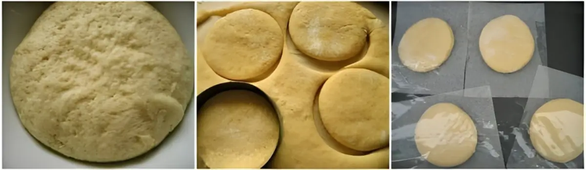 Three-panel collage showing risen dough, cut dough rounds, and shaped rounds resting on baking paper.