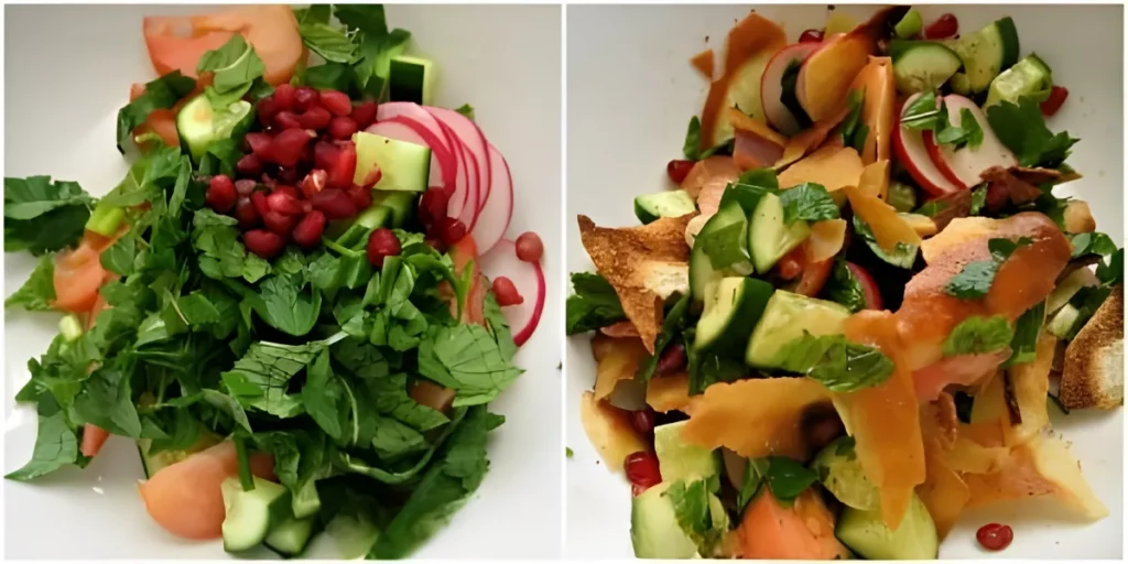 A vibrant bowl of mixed Fattoush salad ingredients with cucumbers, mint, pomegranate, and fresh herbs.