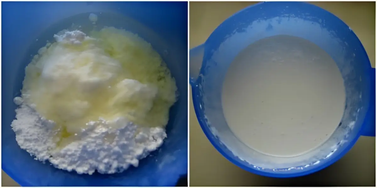 Bowl of icing sugar, egg white, and lemon juice before and after whisking into smooth fondant icing.