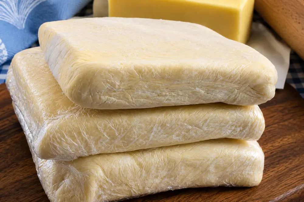 Wrapped portions of homemade puff pastry stacked on a wooden board beside butter and a rolling pin.
