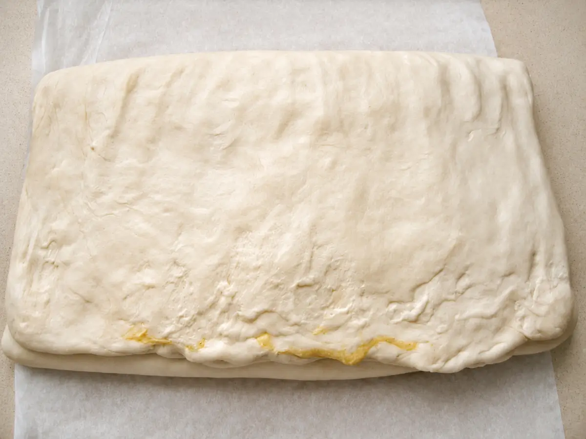 Laminated pastry dough resting after several folds, with distinct layers visible along the edge.