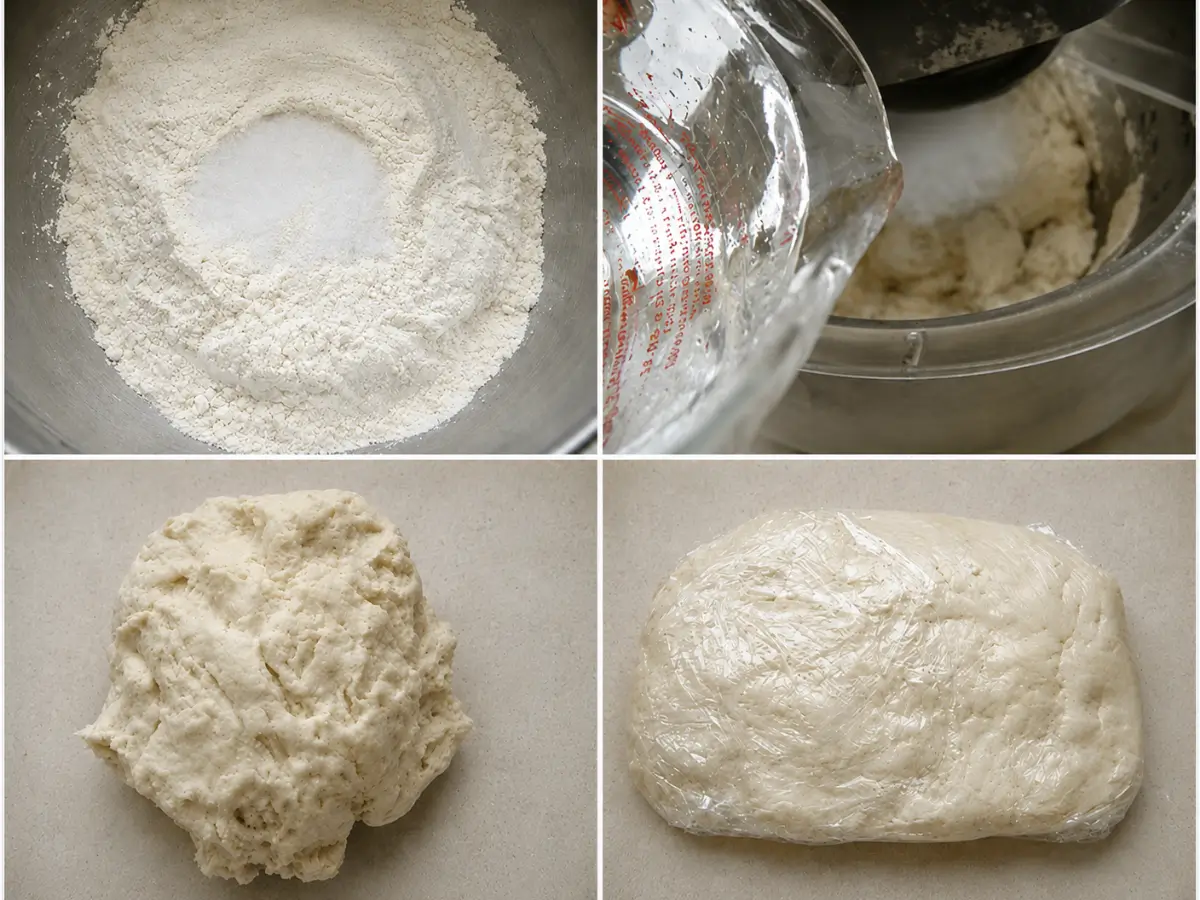 Flour and salt in a mixing bowl, water being added to the dough, freshly mixed dough, and dough wrapped in plastic wrap.