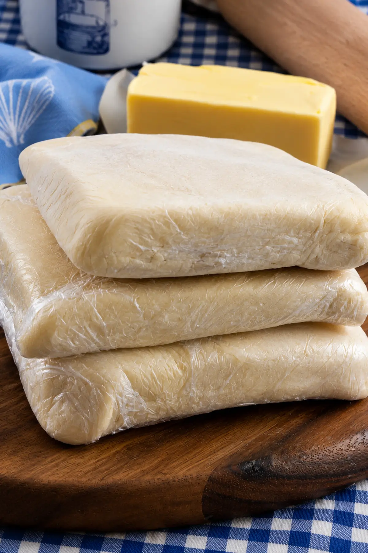 Portions of laminated pastry wrapped and stacked on a wooden board.