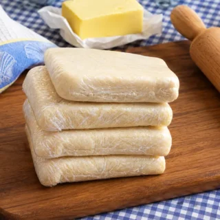 Wrapped puff pastry portions stacked on a wooden board beside butter and a rolling pin.
