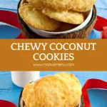Close-up of golden, chewy coconut cookies in a bowl.