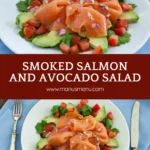 Smoked salmon and avocado salad on a white plate.