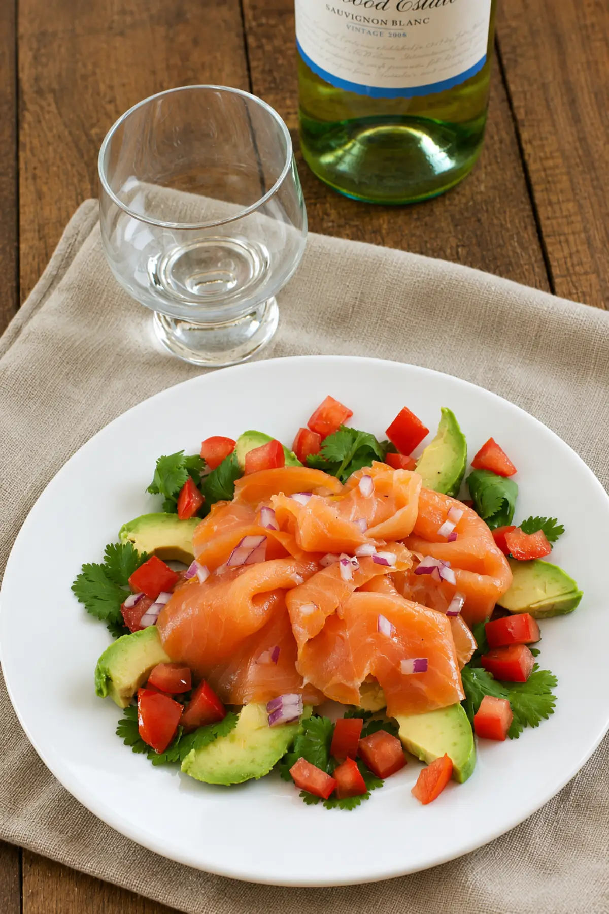 Close-up of avocado and salmon salad topped with chopped tomato, cilantro, and red onion.
