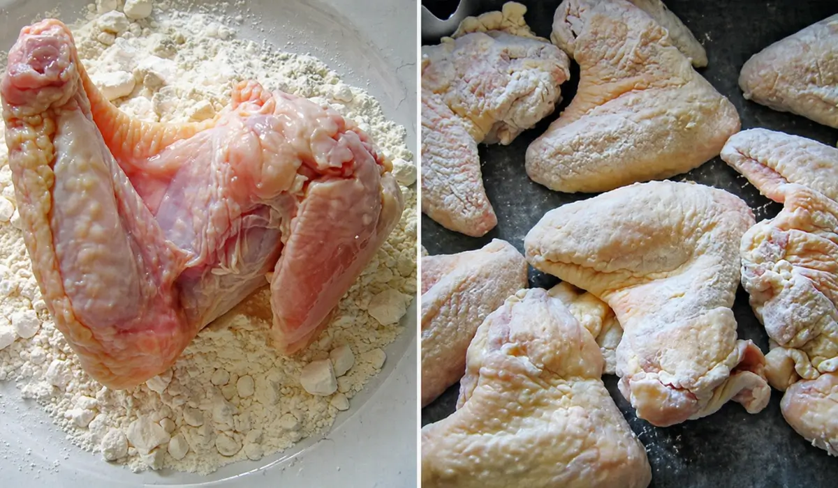 Chicken wings coated in flour and arranged on a baking tray before cooking.