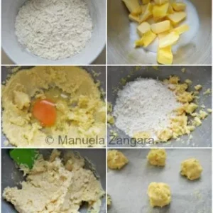 Mixing the flour, butter, sugar, egg, and coconut to prepare the cookie dough.