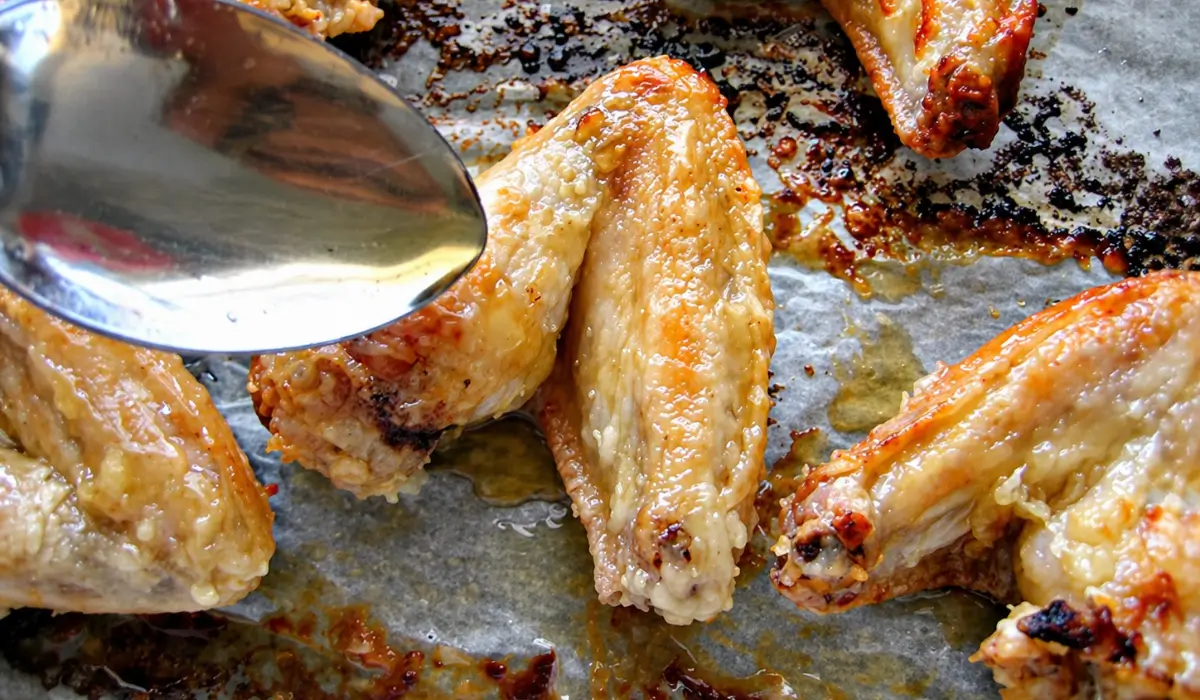 Baked chicken wings being brushed with a light glaze while finishing in the oven.