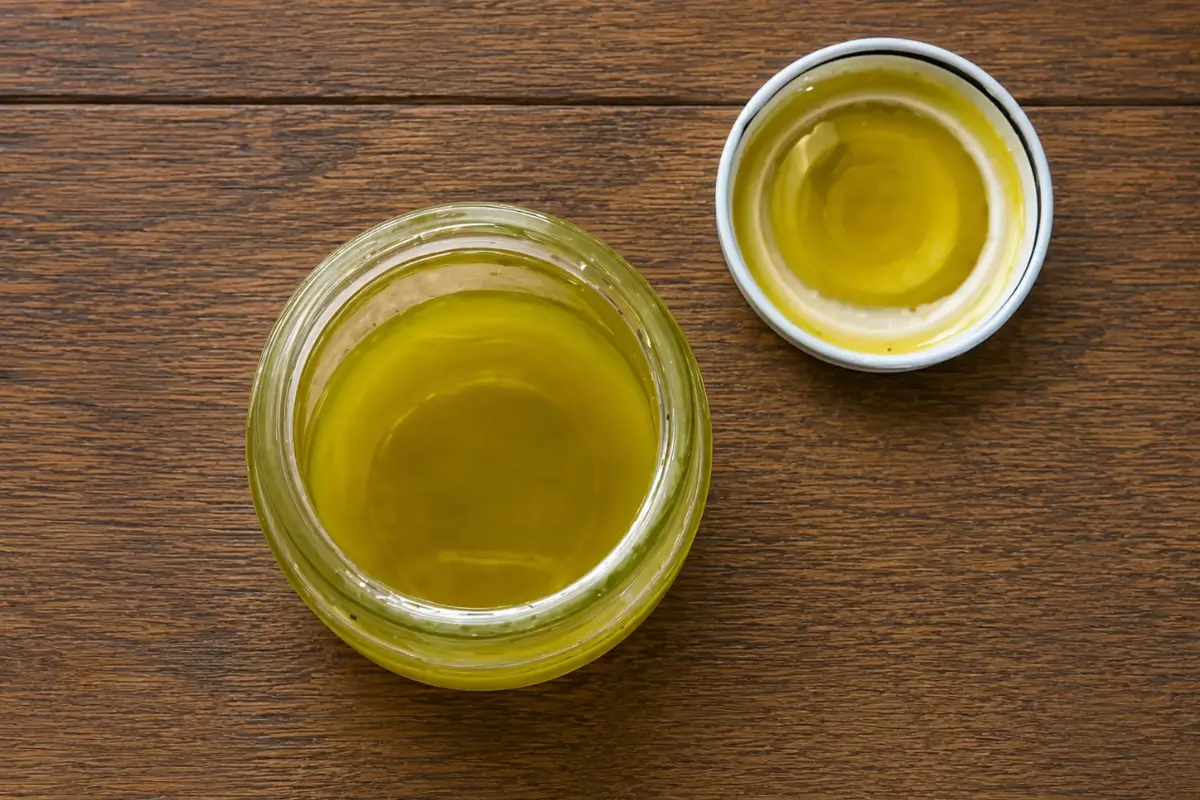 Lime and olive oil vinaigrette mixed in a small glass jar with the lid beside it.