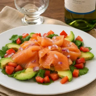 Smoked salmon salad with avocado, tomato, cilantro, and red onion ready to serve with lime vinaigrette.