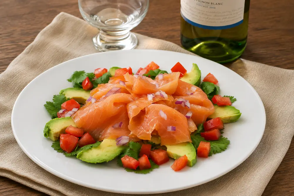 Smoked salmon salad with avocado, tomato, cilantro, and red onion ready to serve with lime vinaigrette.