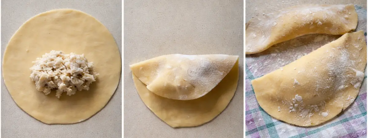 Pasta circles filled and folded into half-moon shapes before sealing.