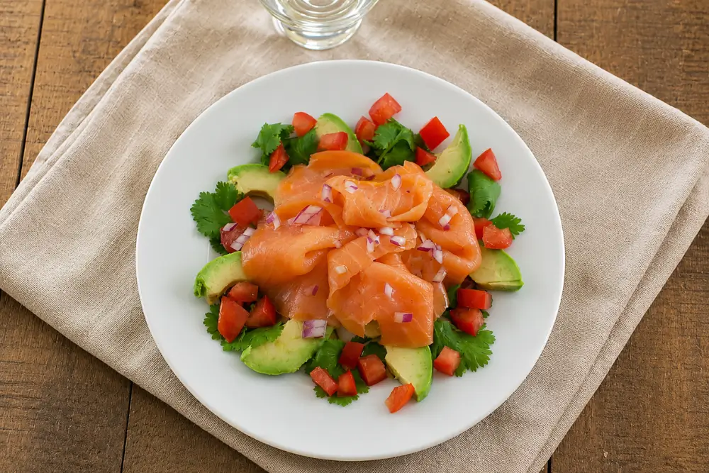 Overhead view of smoked salmon and avocado salad with tomato, cilantro, and red onion on a white plate.