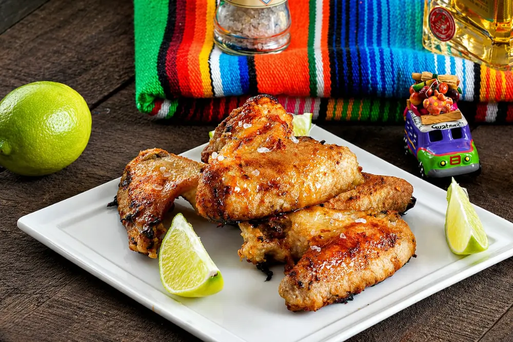 Tequila lime chicken wings with a sticky glaze served with lime wedges.