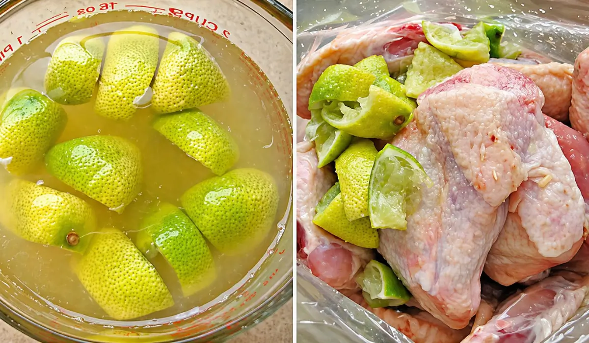 Tequila lime marinade with citrus pieces in a bowl alongside chicken wings marinating with lime in a bag.