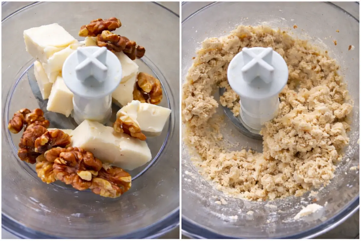 Taleggio and walnuts in a food processor before blending.