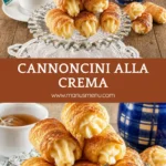 Cannoncini alla Crema filled with crème pâtissière served on a glass cake stand beside tea and coffee.