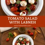 Tomato and labneh salad with pomegranate dressing on a wooden board.