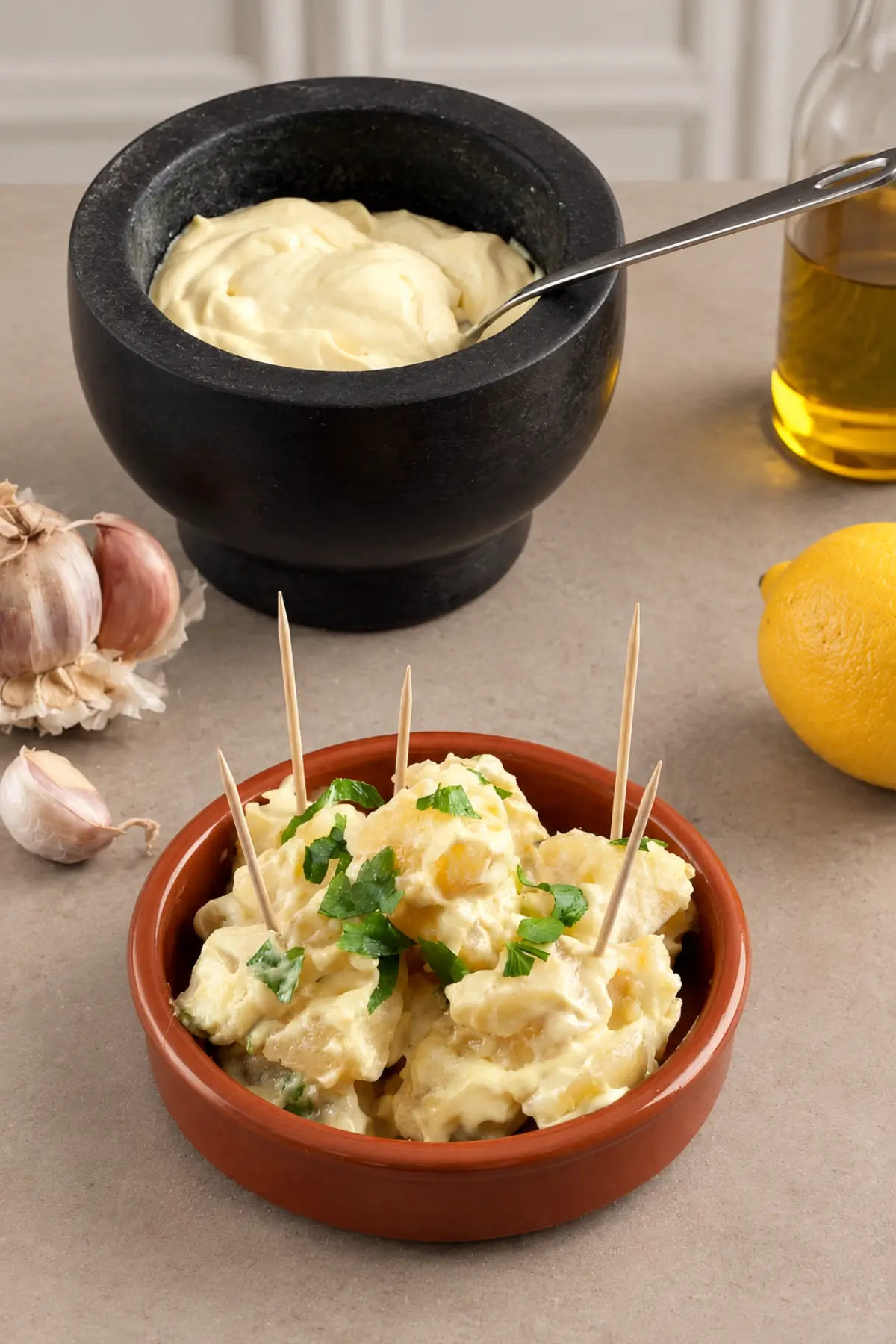 Aioli potatoes topped with fresh chopped parsley in a terracotta dish.