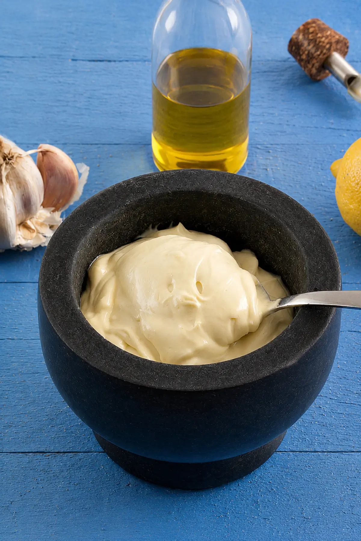 Bowl of creamy garlic aioli served with fresh garlic, lemon and olive oil on a wooden table.